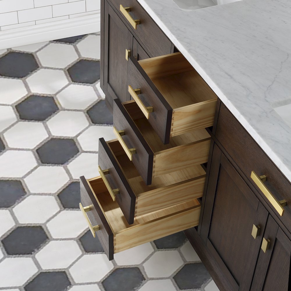 72 In. Double Sink Carrara White Marble Countertop Bath Vanity In Brown Oak. Picture 11