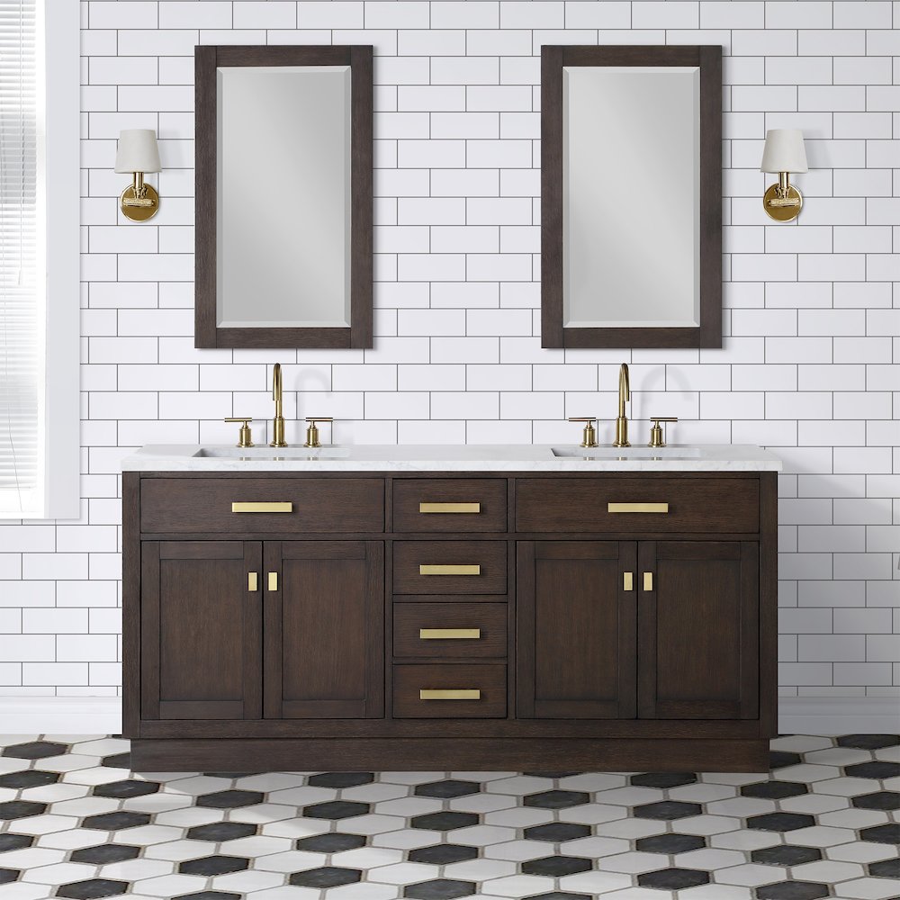 72 In. Double Sink Carrara White Marble Countertop Bath Vanity In Brown Oak. Picture 3