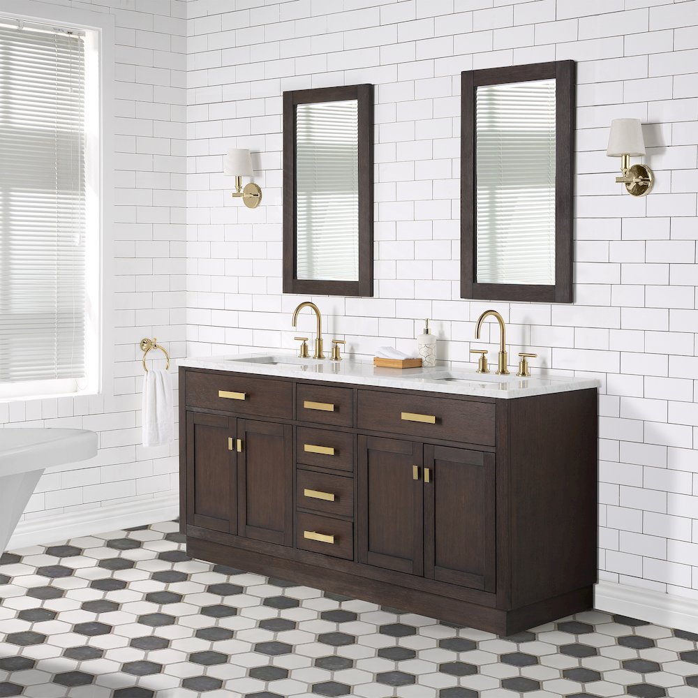 72 In. Double Sink Carrara White Marble Countertop Bath Vanity In Brown Oak. Picture 4