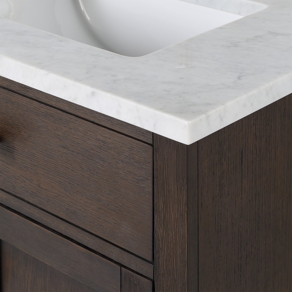 72 In. Double Sink Carrara White Marble Countertop Bath Vanity In Brown Oak. Picture 8