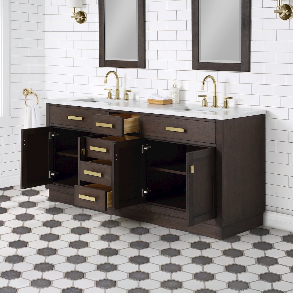 72 In. Double Sink Carrara White Marble Countertop Bath Vanity In Brown Oak. Picture 5