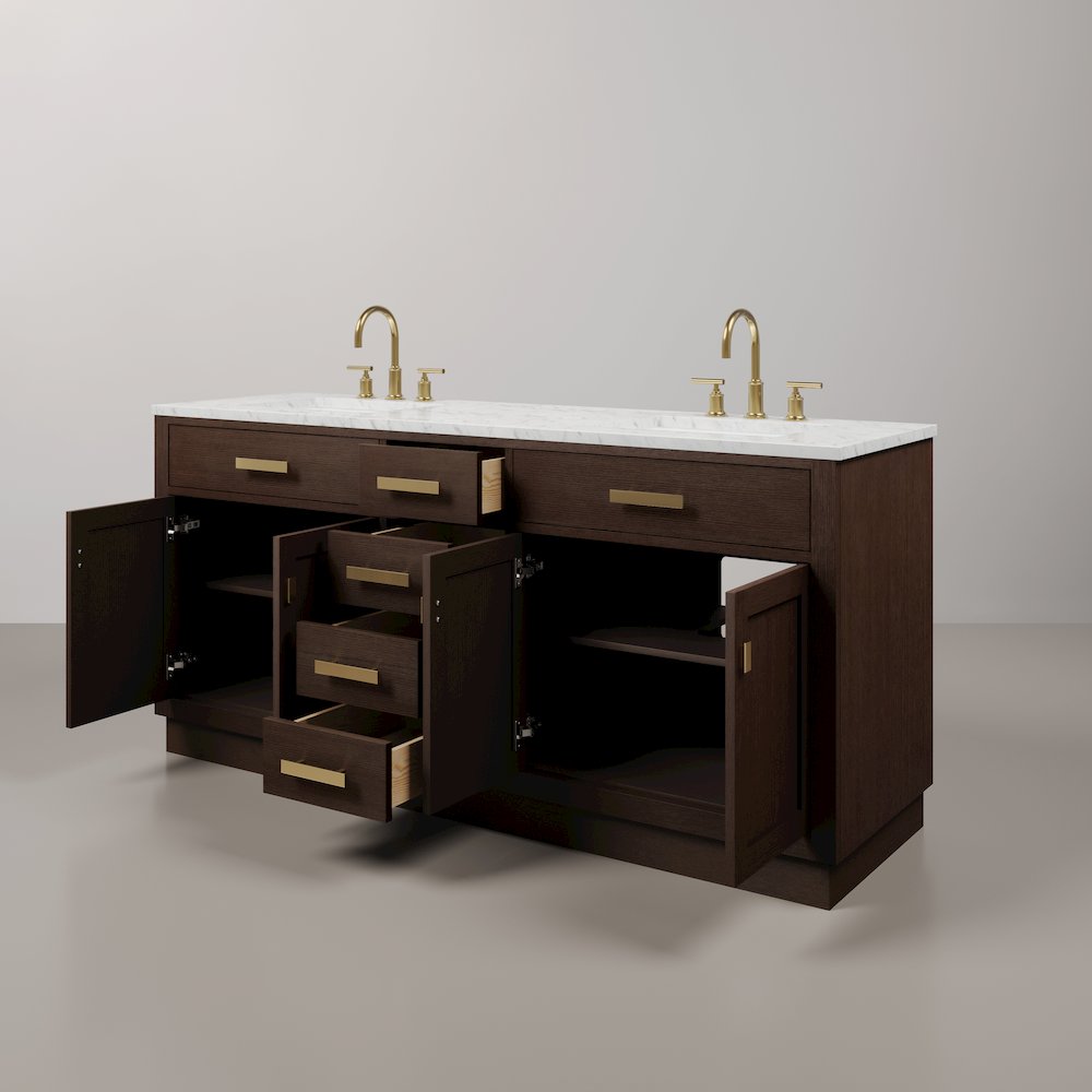 72 In. Double Sink Carrara White Marble Countertop Bath Vanity In Brown Oak. Picture 4