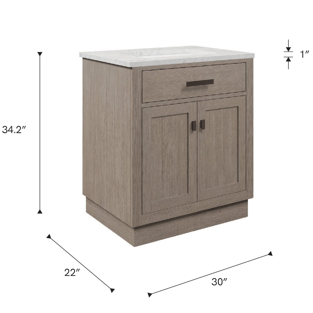 30 In. Single Sink Carrara White Marble Countertop Bath Vanity In Grey Oak. Picture 14