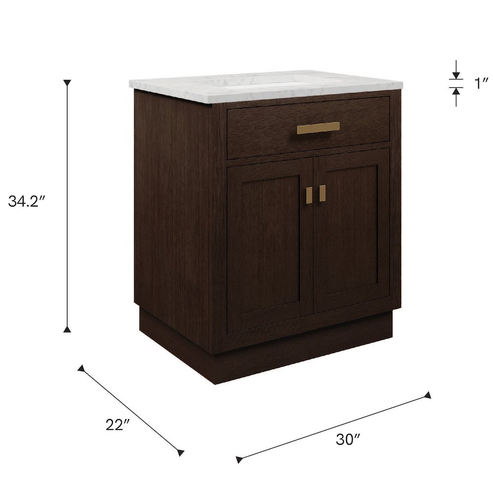 30 In. Single Sink Carrara White Marble Countertop Bath Vanity In Brown Oak. Picture 14