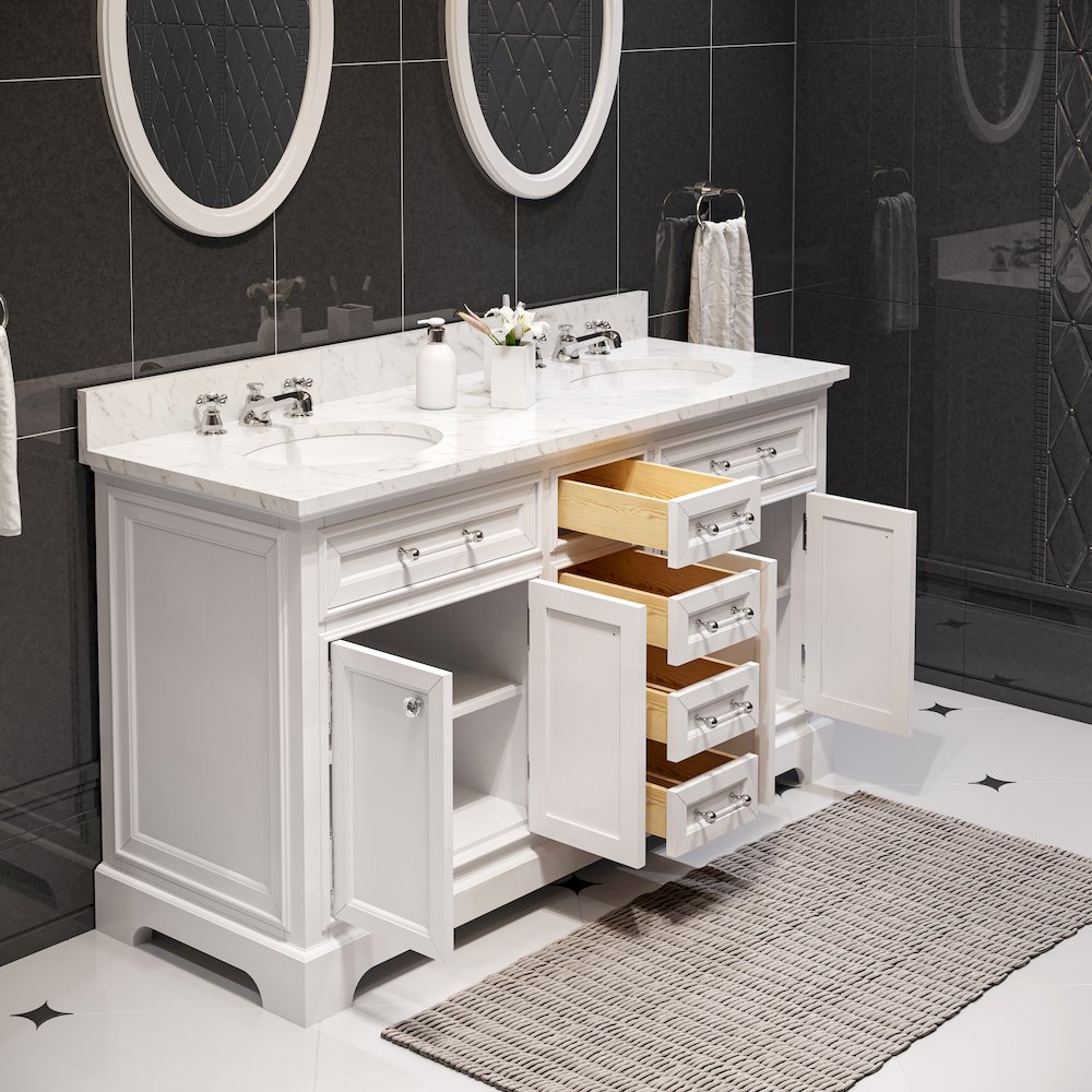 60 In. Double Sink Carrara White Marble Countertop Bath Vanity In Pure White. Picture 5