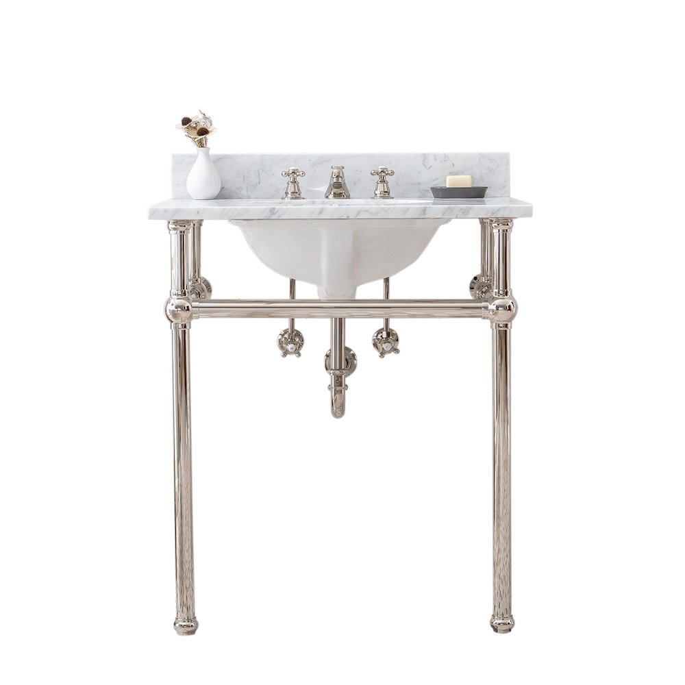 30 In. W. Single Wash Stand, P-Trap, and Carrara White Marble Countertop. Picture 1