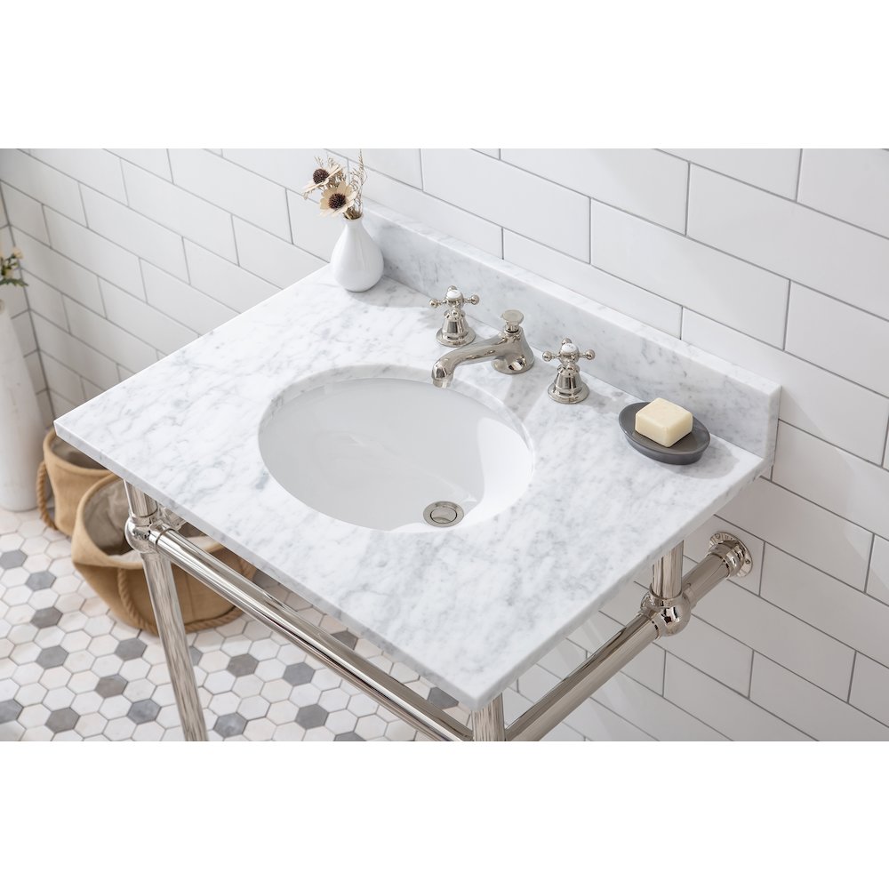 30 In. W. Single Wash Stand, P-Trap, and Carrara White Marble Countertop. Picture 4