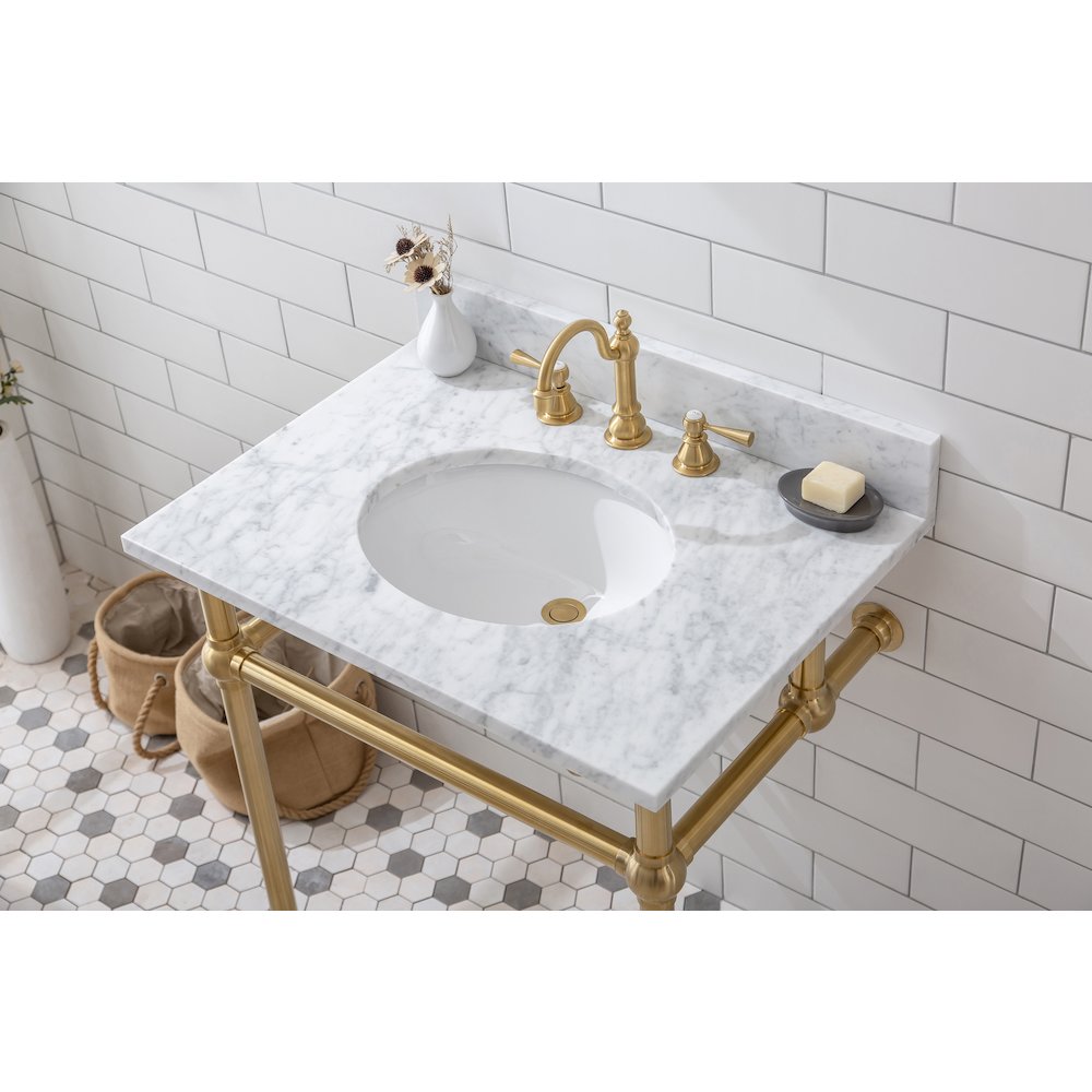 30 In. W. Single Wash Stand, P-Trap, and Carrara White Marble Countertop. Picture 4