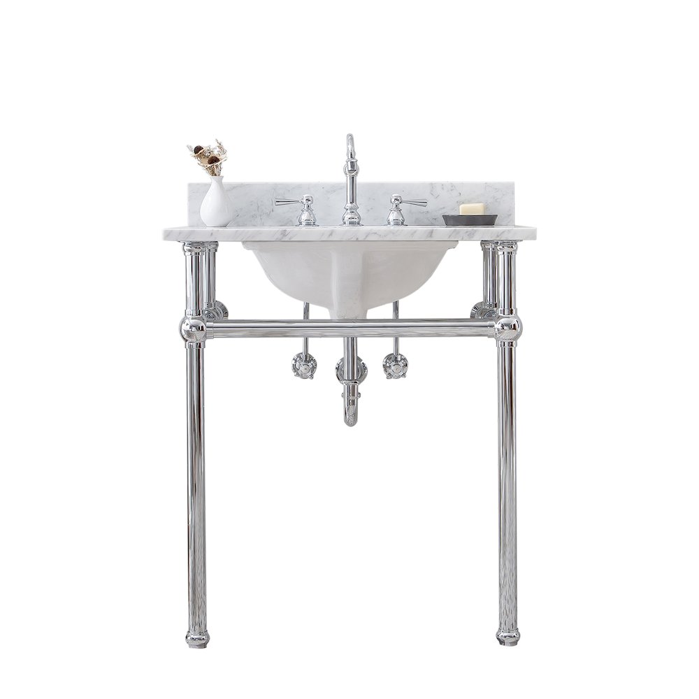 30 In. W. Single Wash Stand, P-Trap, Carrara White Marble Countertop. Picture 1