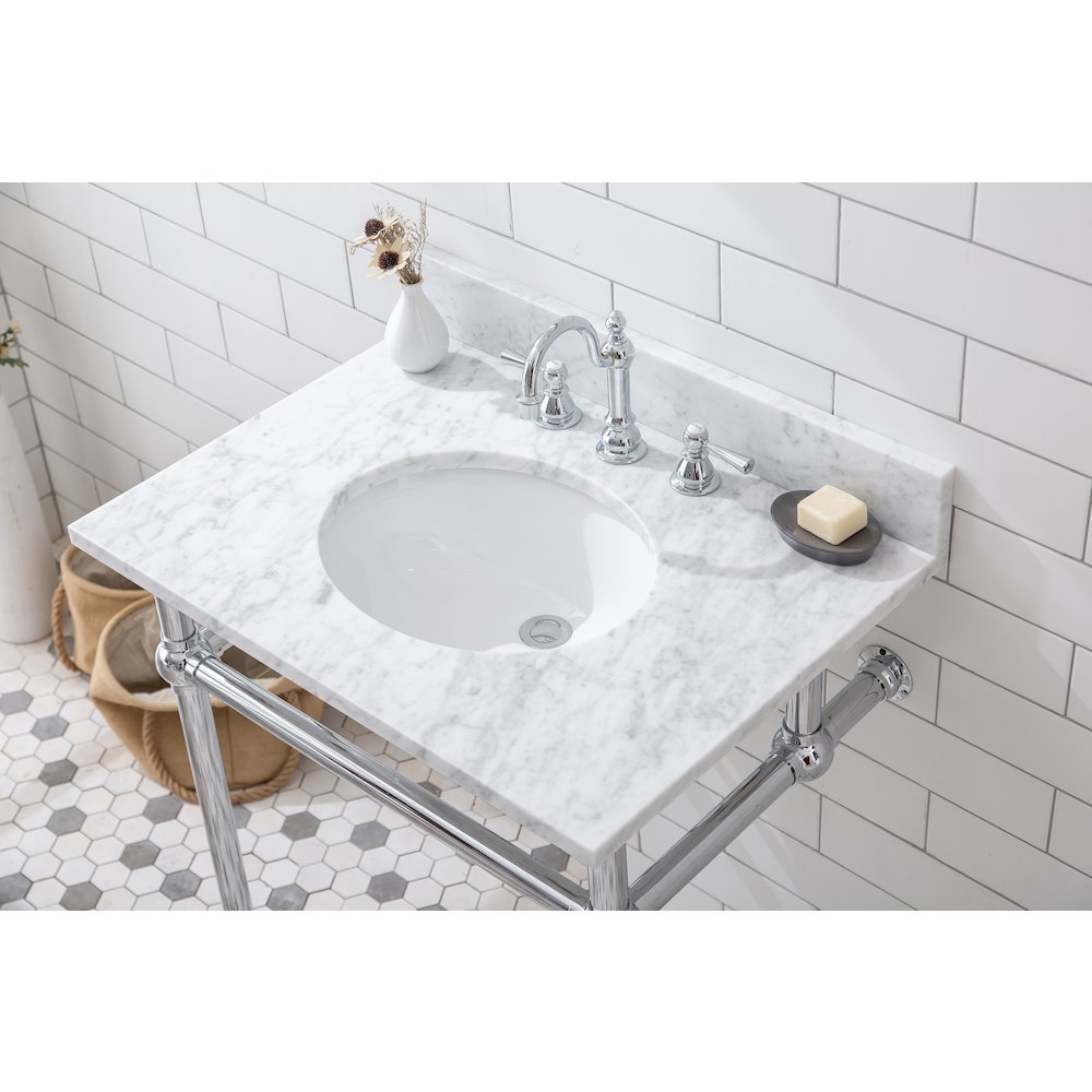 30 In. W. Single Wash Stand, P-Trap, Carrara White Marble Countertop. Picture 4