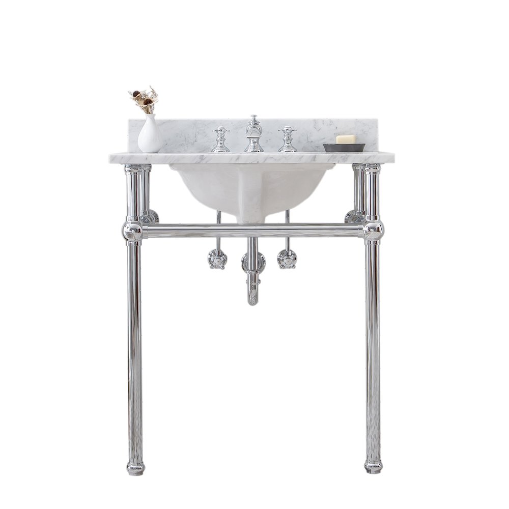 30 In. W. Single Wash Stand, P-Trap, Carrara White Marble Countertop. Picture 1
