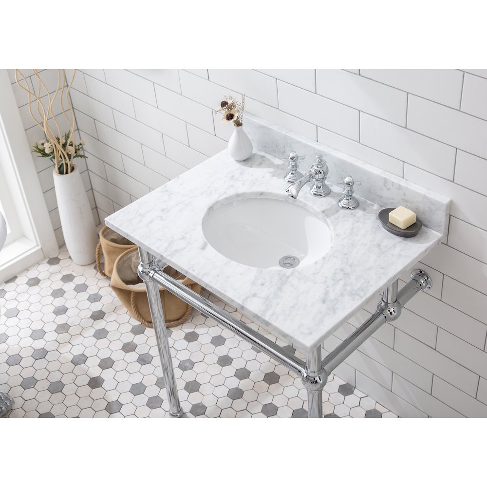 30 In. W. Single Wash Stand, P-Trap, Carrara White Marble Countertop. Picture 4