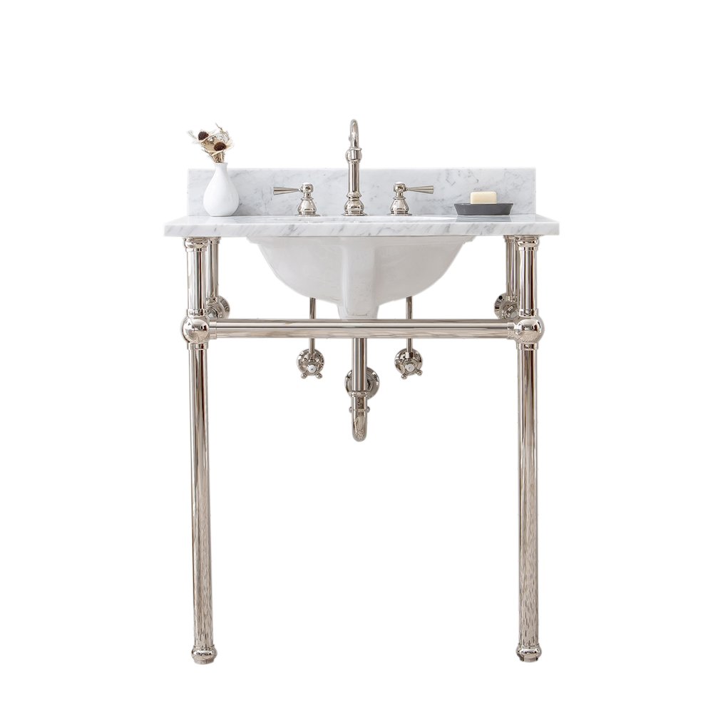 30 In. W. Single Wash Stand, P-Trap, Carrara White Marble Countertop. Picture 1