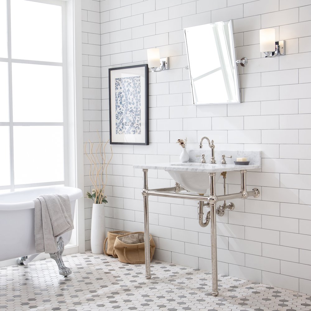 30 In. W. Single Wash Stand, P-Trap, Carrara White Marble Countertop. Picture 3