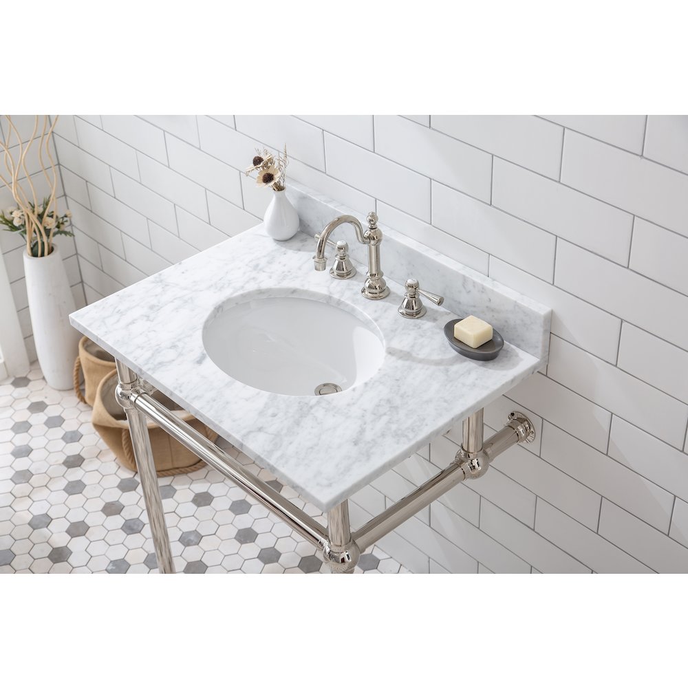 30 In. W. Single Wash Stand, P-Trap, Carrara White Marble Countertop. Picture 4