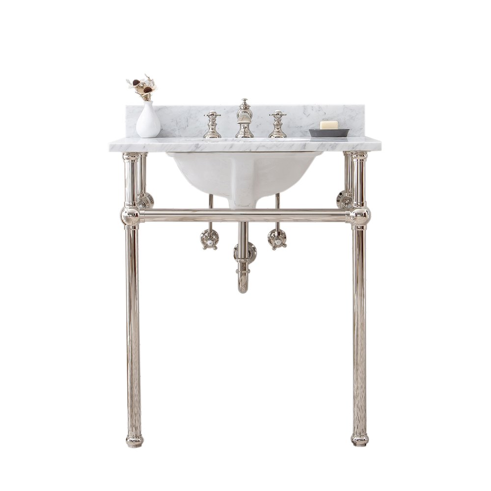 30 In. W. Single Wash Stand, P-Trap, Carrara White Marble Countertop. Picture 1
