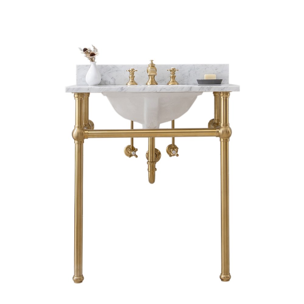 30 In. W. Single Wash Stand, P-Trap, Carrara White Marble Countertop. Picture 1