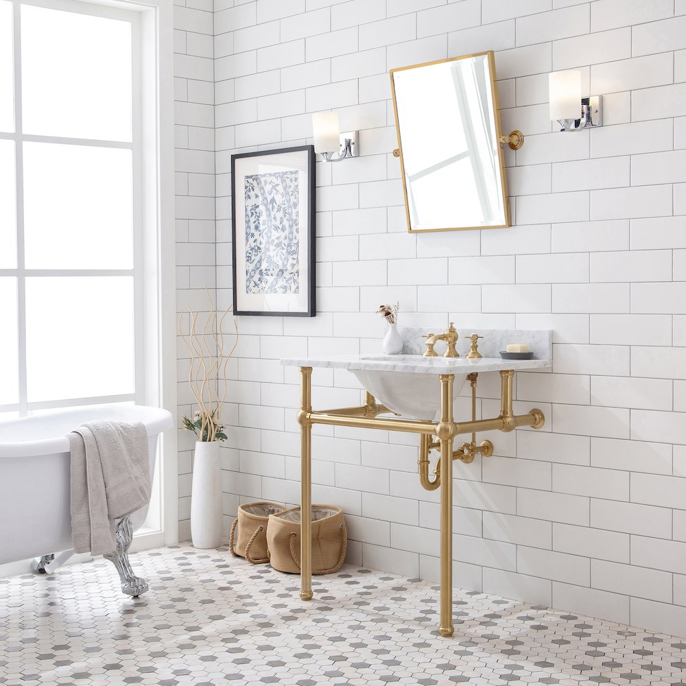 30 In. W. Single Wash Stand, P-Trap, Carrara White Marble Countertop. Picture 3
