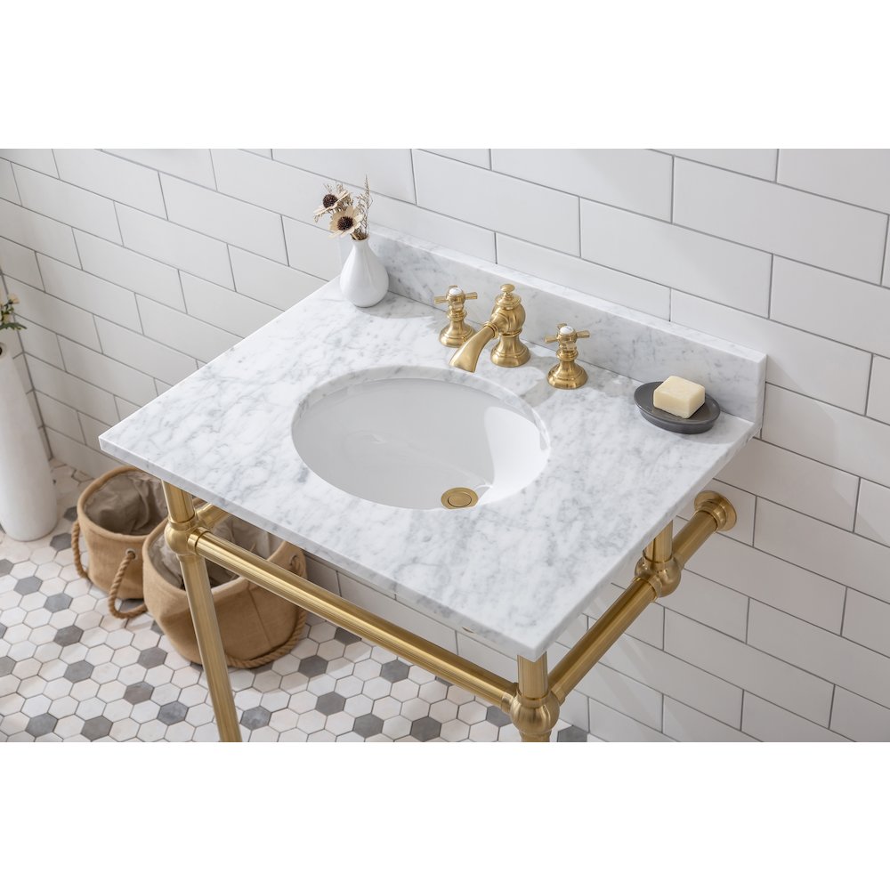 30 In. W. Single Wash Stand, P-Trap, Carrara White Marble Countertop. Picture 4