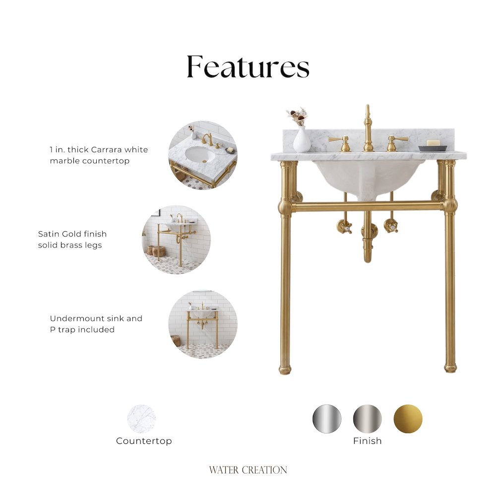 30 In. W. Single Wash Stand, P-Trap, Carrara White Marble Countertop. Picture 8