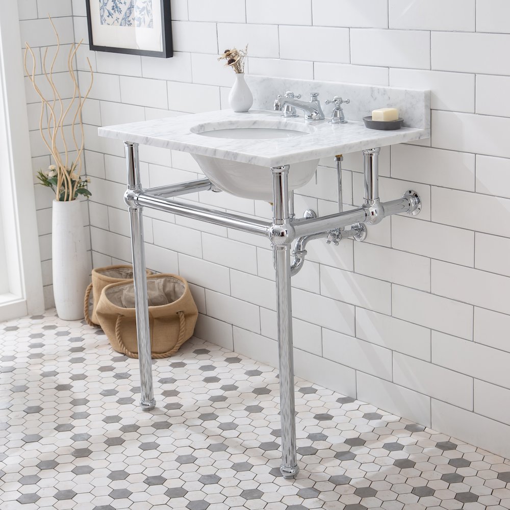 30 In. W. Single Wash Stand, P-Trap, Carrara White Marble Countertop. Picture 4