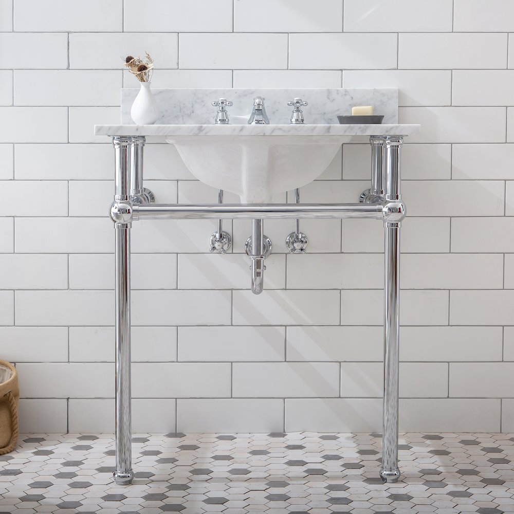 30 In. W. Single Wash Stand, P-Trap, Carrara White Marble Countertop. Picture 5