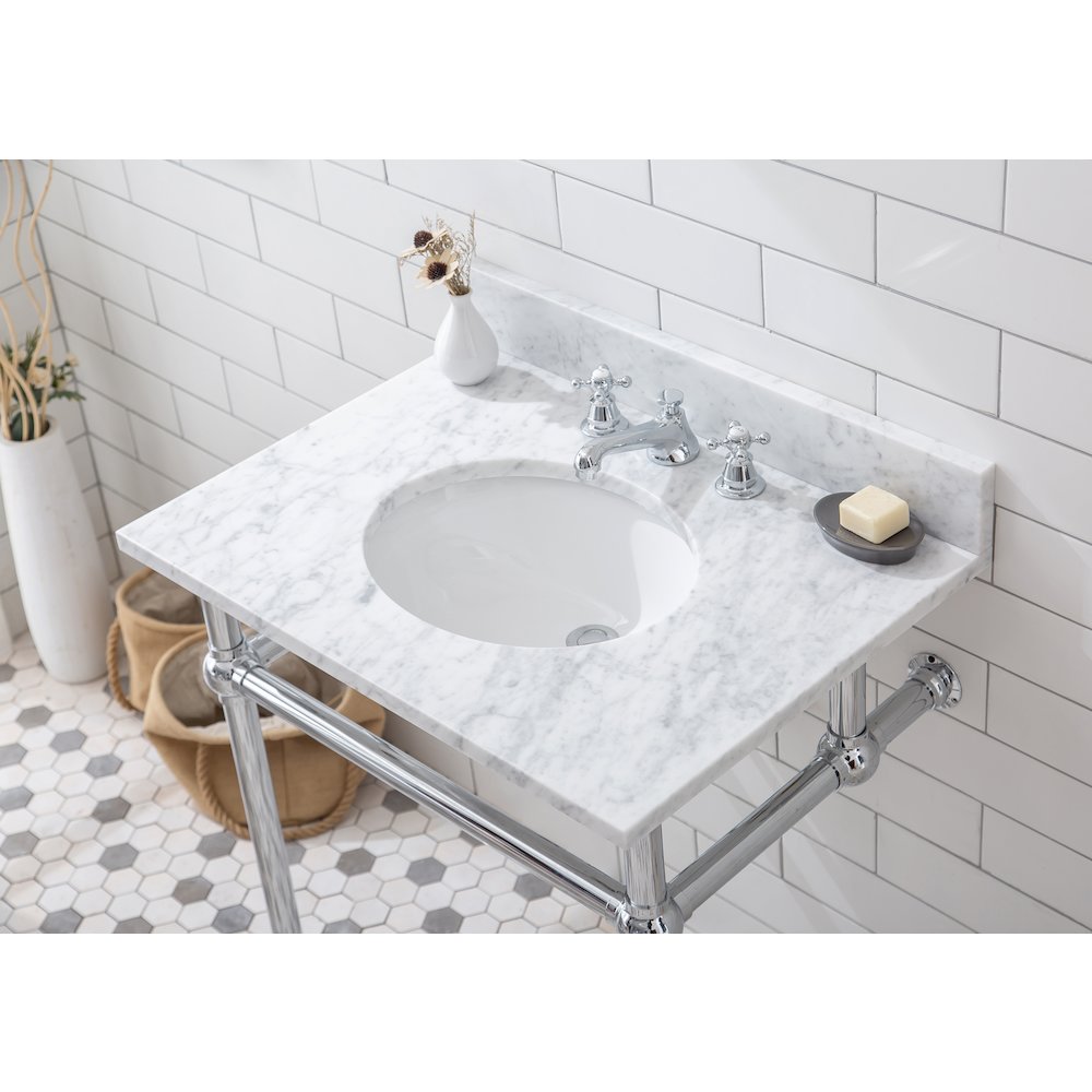 30 In. W. Single Wash Stand, P-Trap, Carrara White Marble Countertop. Picture 6