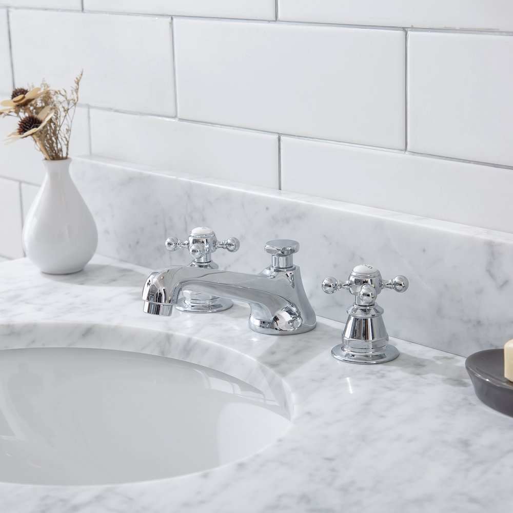 30 In. W. Single Wash Stand, P-Trap, Carrara White Marble Countertop. Picture 7