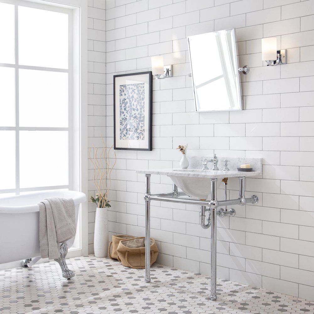 30 In. W. Single Wash Stand, P-Trap, Carrara White Marble Countertop. Picture 3
