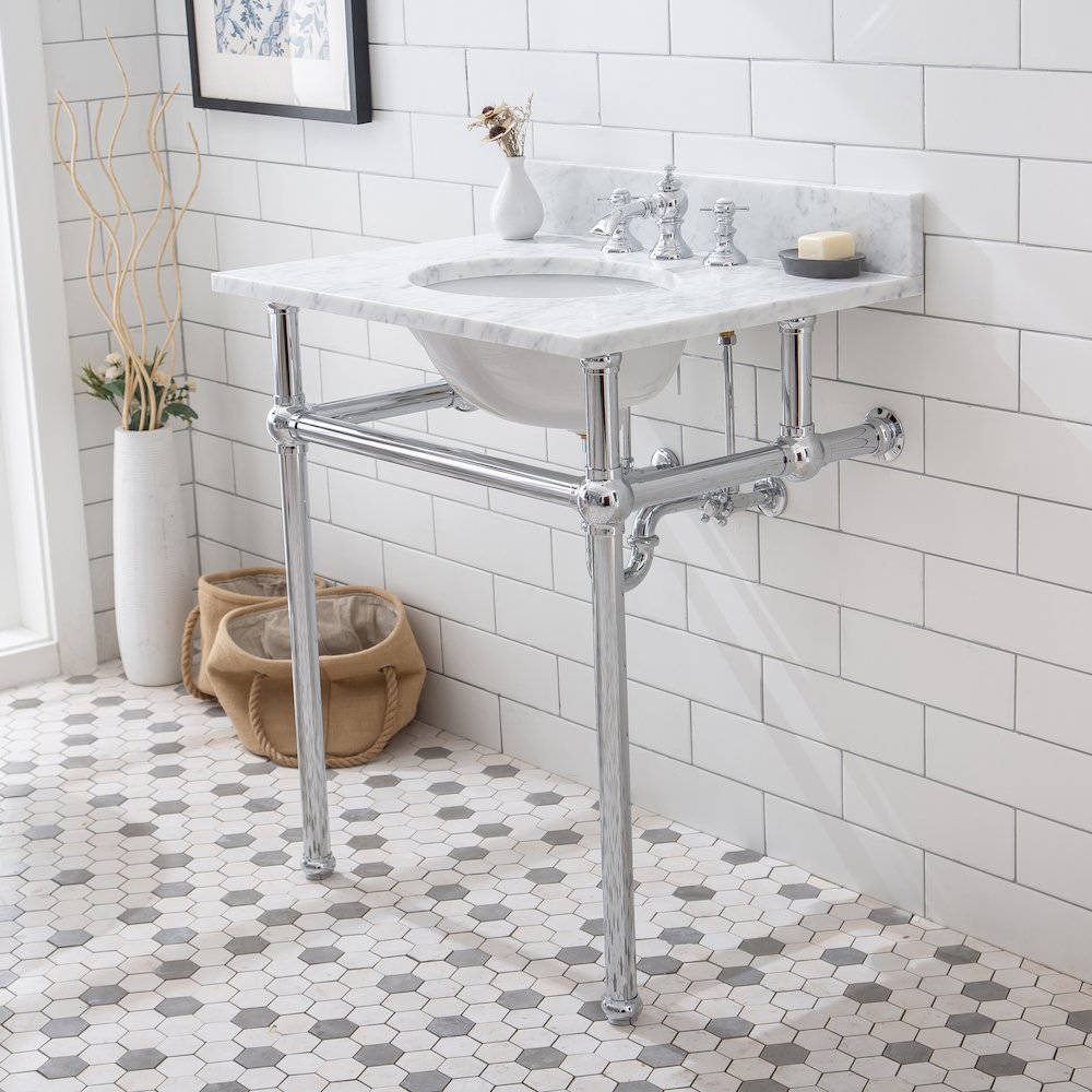 30 In. W. Single Wash Stand, P-Trap, Carrara White Marble Countertop. Picture 4
