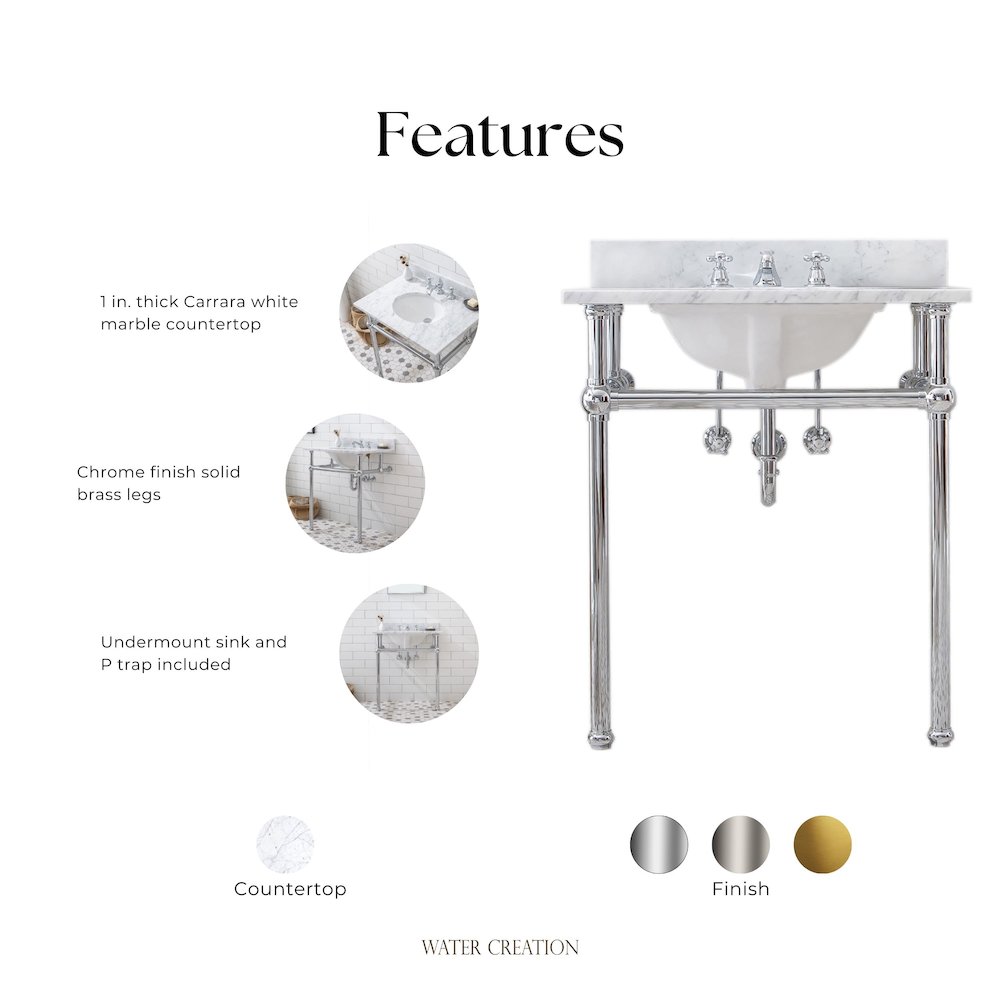 30 In. W. Single Wash Stand, P-Trap, Carrara White Marble Countertop. Picture 8