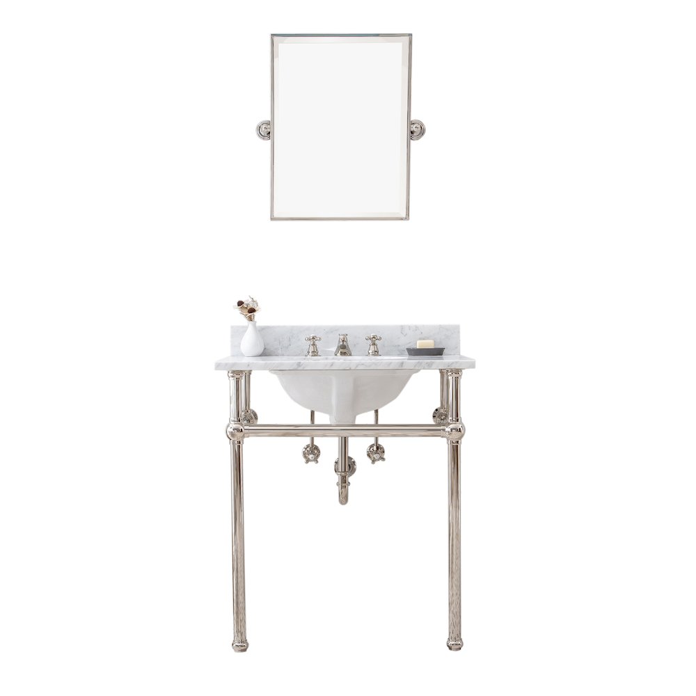 30 In. W. Single Wash Stand, P-Trap, Carrara White Marble Countertop. Picture 1