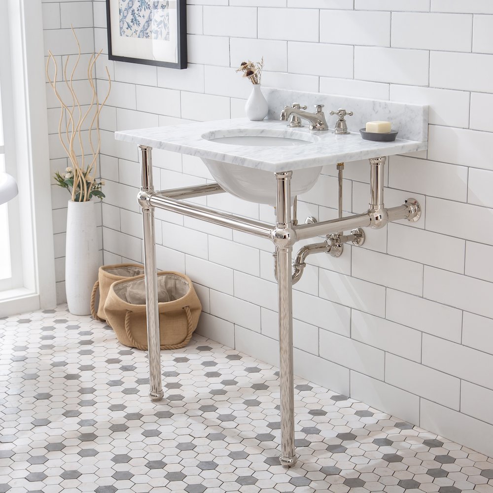 30 In. W. Single Wash Stand, P-Trap, Carrara White Marble Countertop. Picture 4