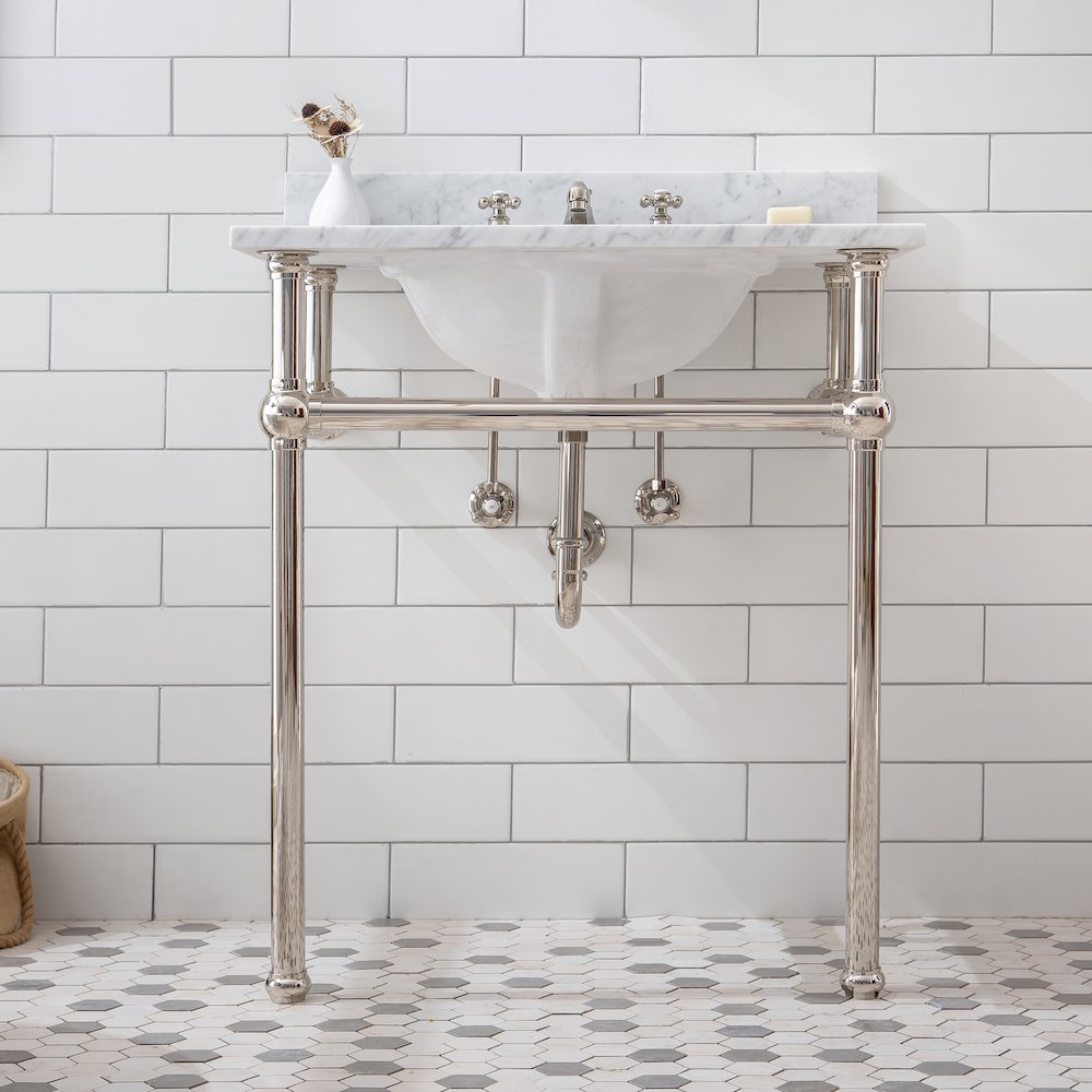 30 In. W. Single Wash Stand, P-Trap, Carrara White Marble Countertop. Picture 5