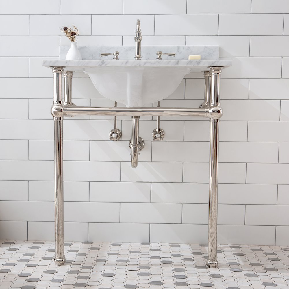 30 In. W. Single Wash Stand, P-Trap, Carrara White Marble Countertop. Picture 4