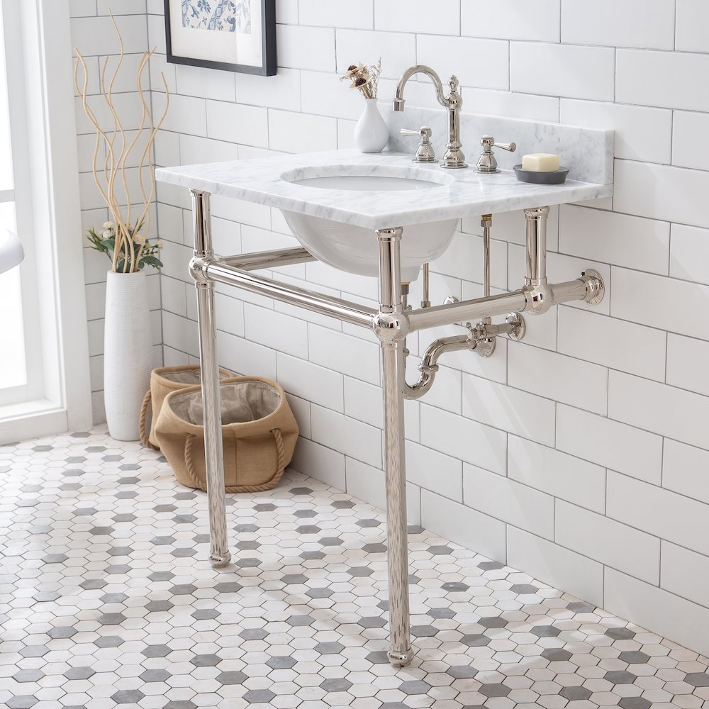30 In. W. Single Wash Stand, P-Trap, Carrara White Marble Countertop. Picture 5