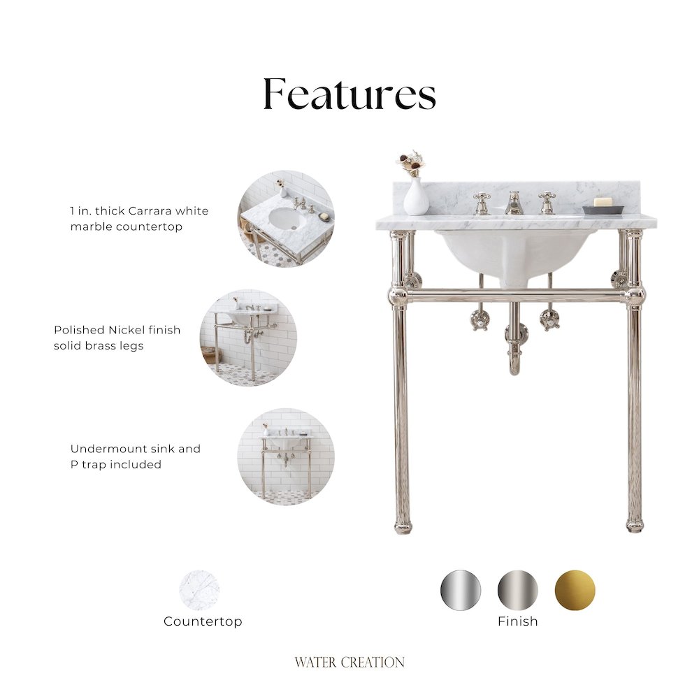30 In. W. Single Wash Stand, P-Trap, Carrara White Marble Countertop. Picture 9