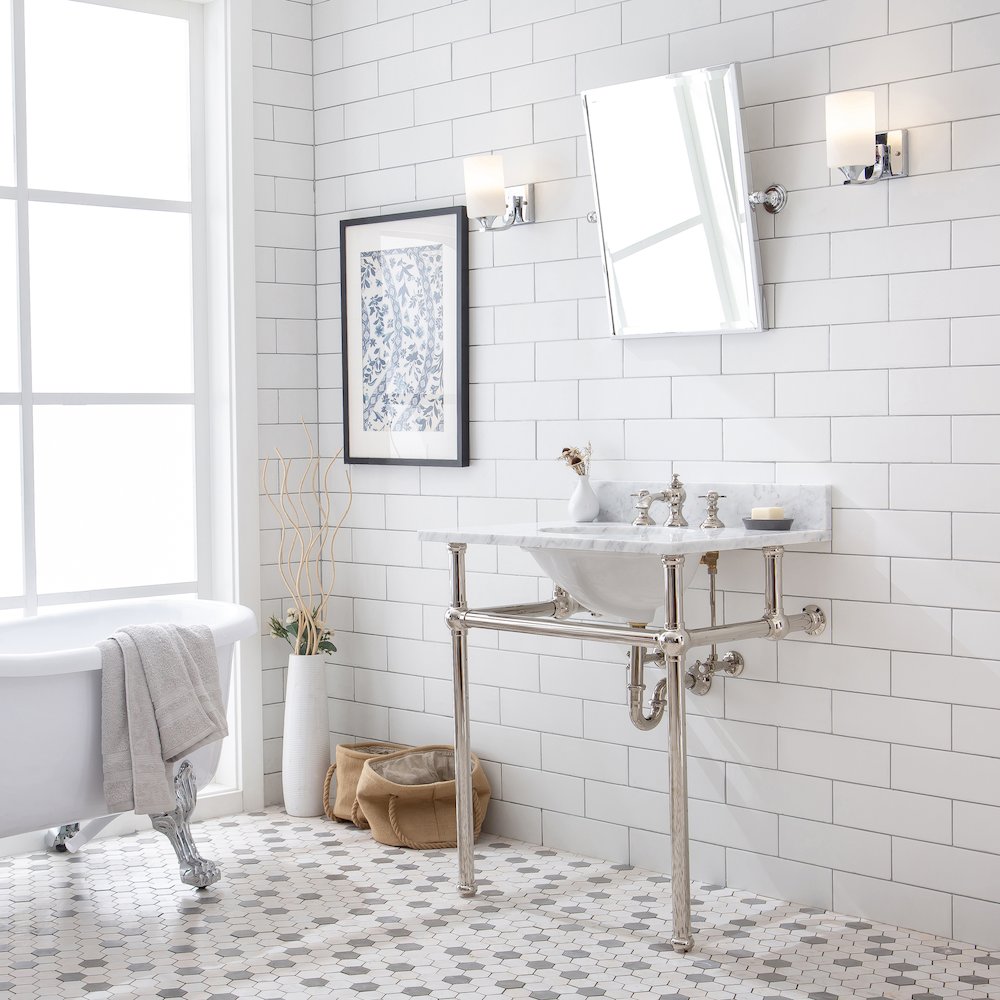 30 In. W. Single Wash Stand, P-Trap, Carrara White Marble Countertop. Picture 3