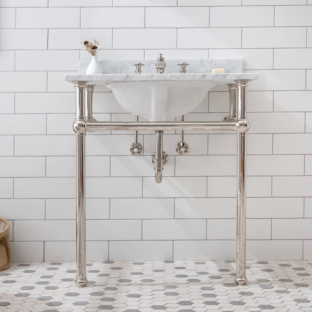 30 In. W. Single Wash Stand, P-Trap, Carrara White Marble Countertop. Picture 4