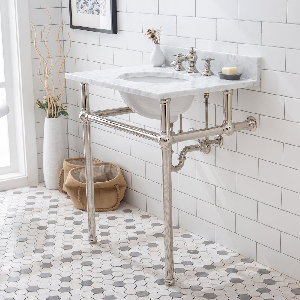30 In. W. Single Wash Stand, P-Trap, Carrara White Marble Countertop. Picture 5