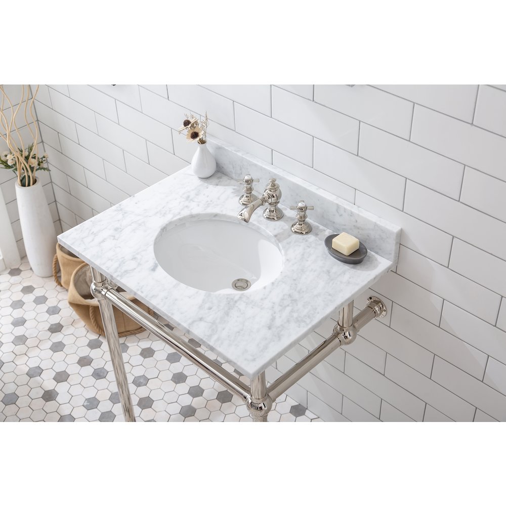 30 In. W. Single Wash Stand, P-Trap, Carrara White Marble Countertop. Picture 6