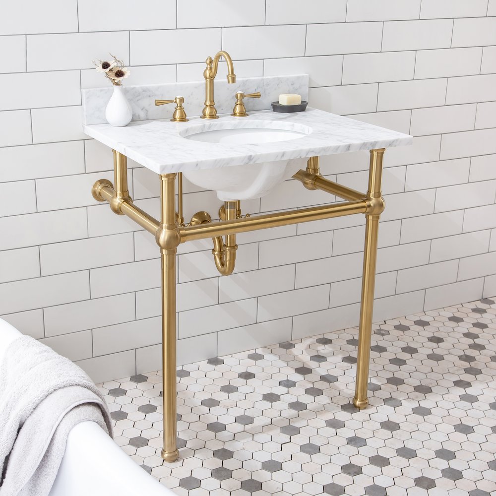 30 In. W. Single Wash Stand, P-Trap, Carrara White Marble Countertop. Picture 4