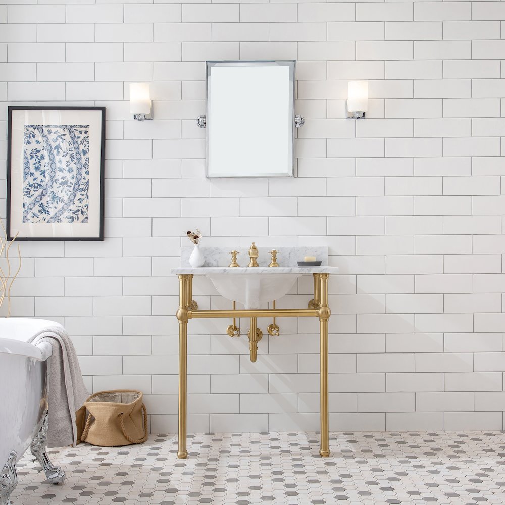 30 In. W. Single Wash Stand, P-Trap, Carrara White Marble Countertop. Picture 2