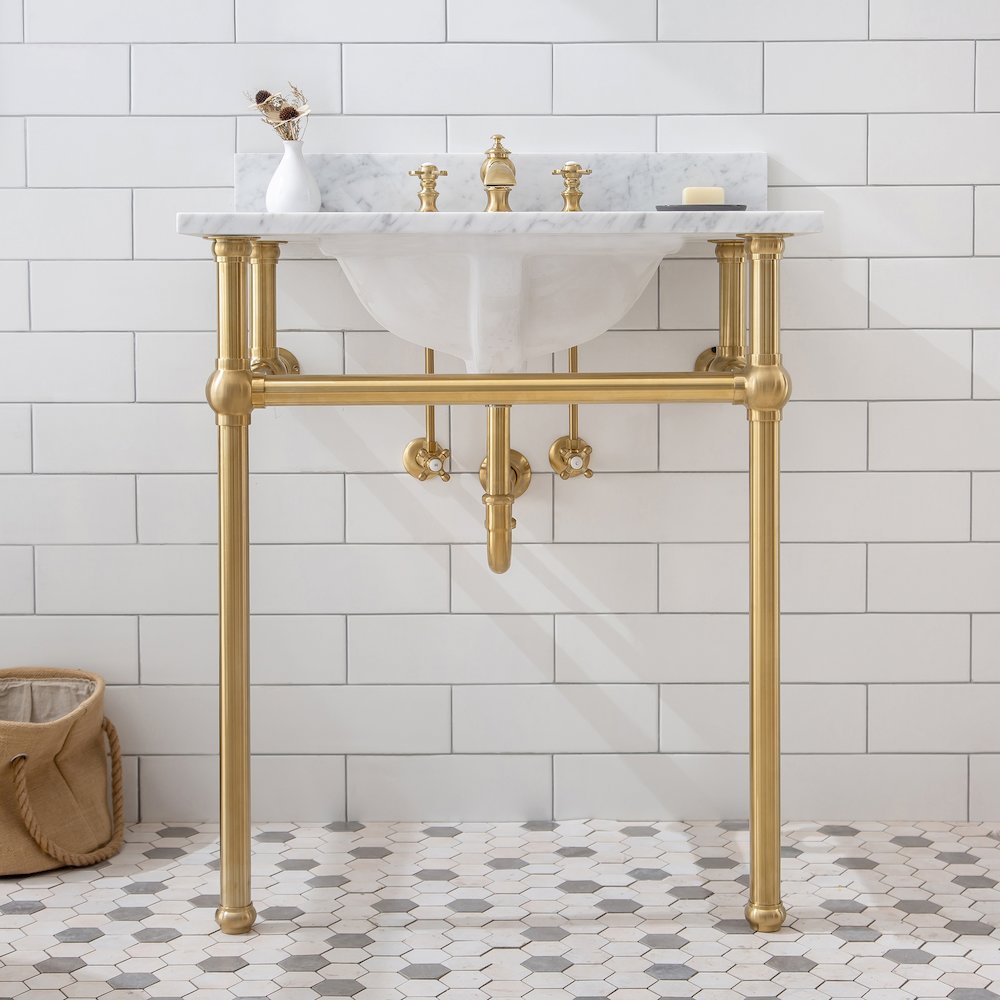 30 In. W. Single Wash Stand, P-Trap, Carrara White Marble Countertop. Picture 4