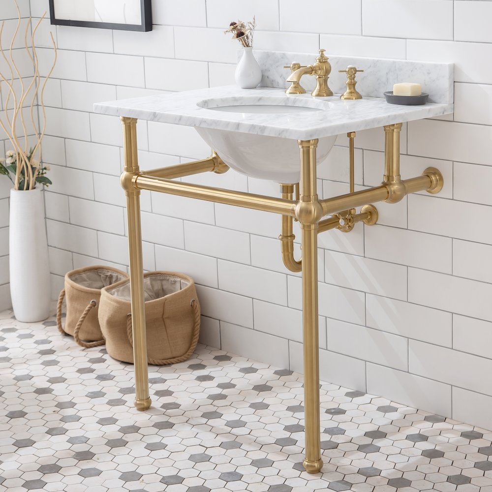 30 In. W. Single Wash Stand, P-Trap, Carrara White Marble Countertop. Picture 5