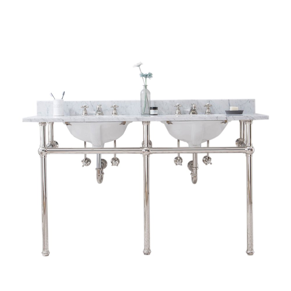 60 In. W. Double Wash Stand, P-Trap, and Carrara White Marble Countertop. Picture 1