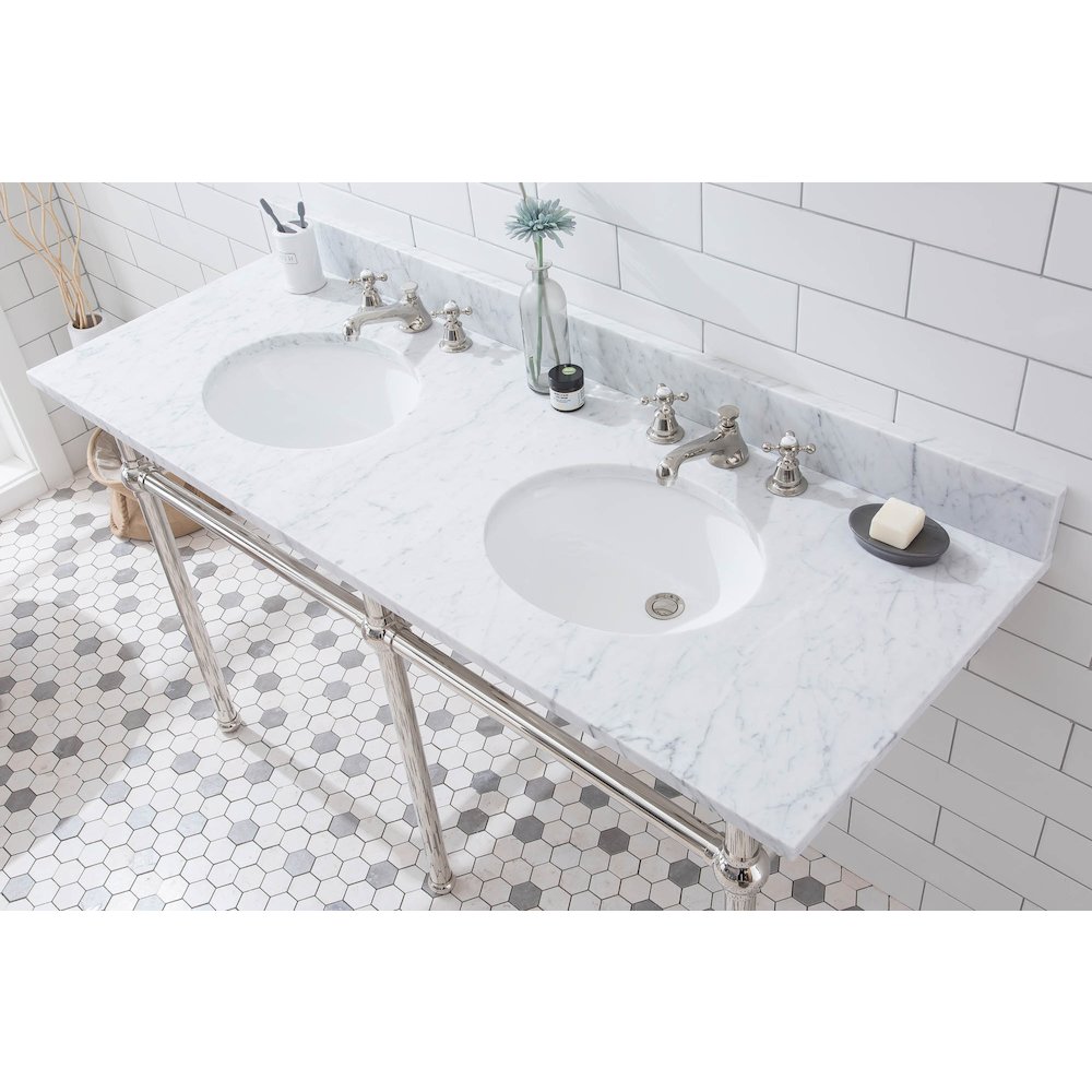 60 In. W. Double Wash Stand, P-Trap, and Carrara White Marble Countertop. Picture 4