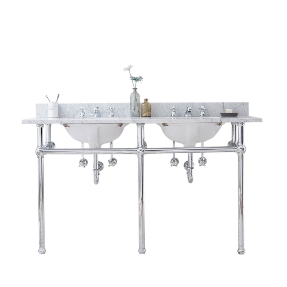 60 In. W. Double Wash Stand, P-Trap, Carrara White Marble Countertop. Picture 1