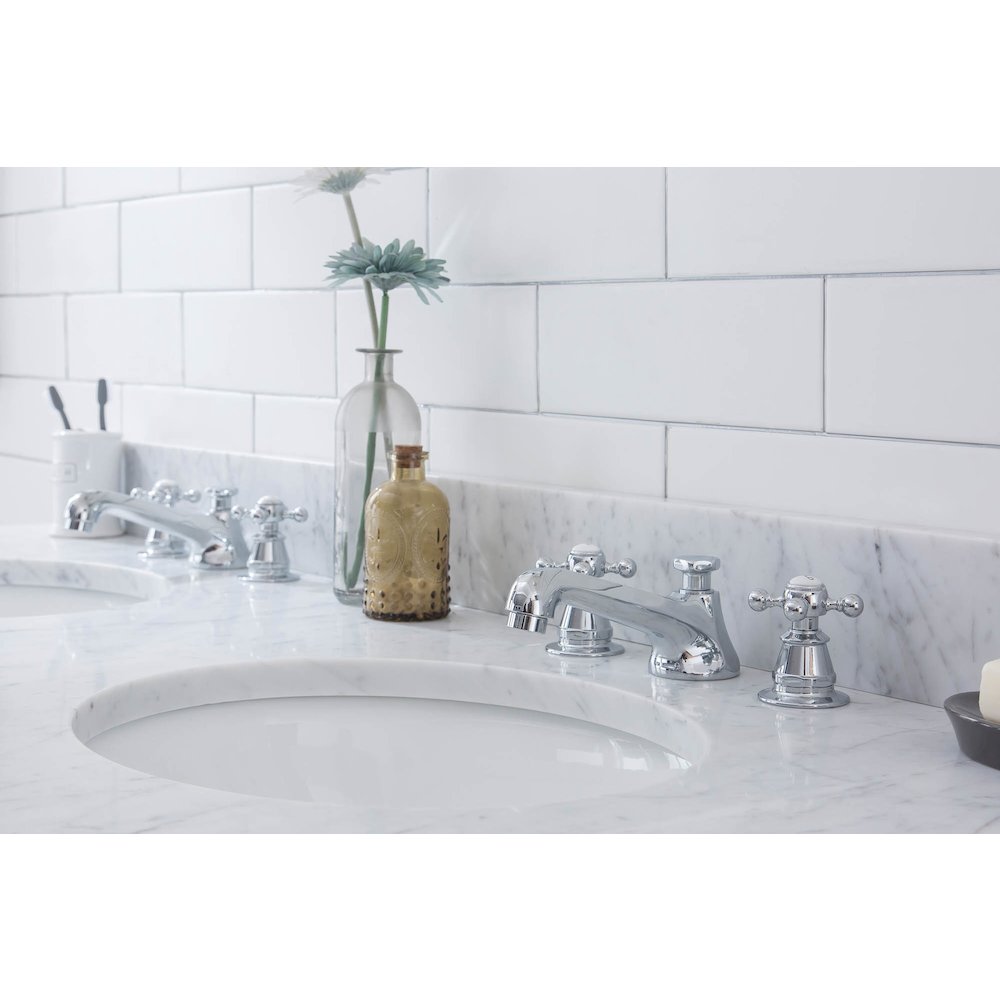 60 In. W. Double Wash Stand, P-Trap, Carrara White Marble Countertop. Picture 5