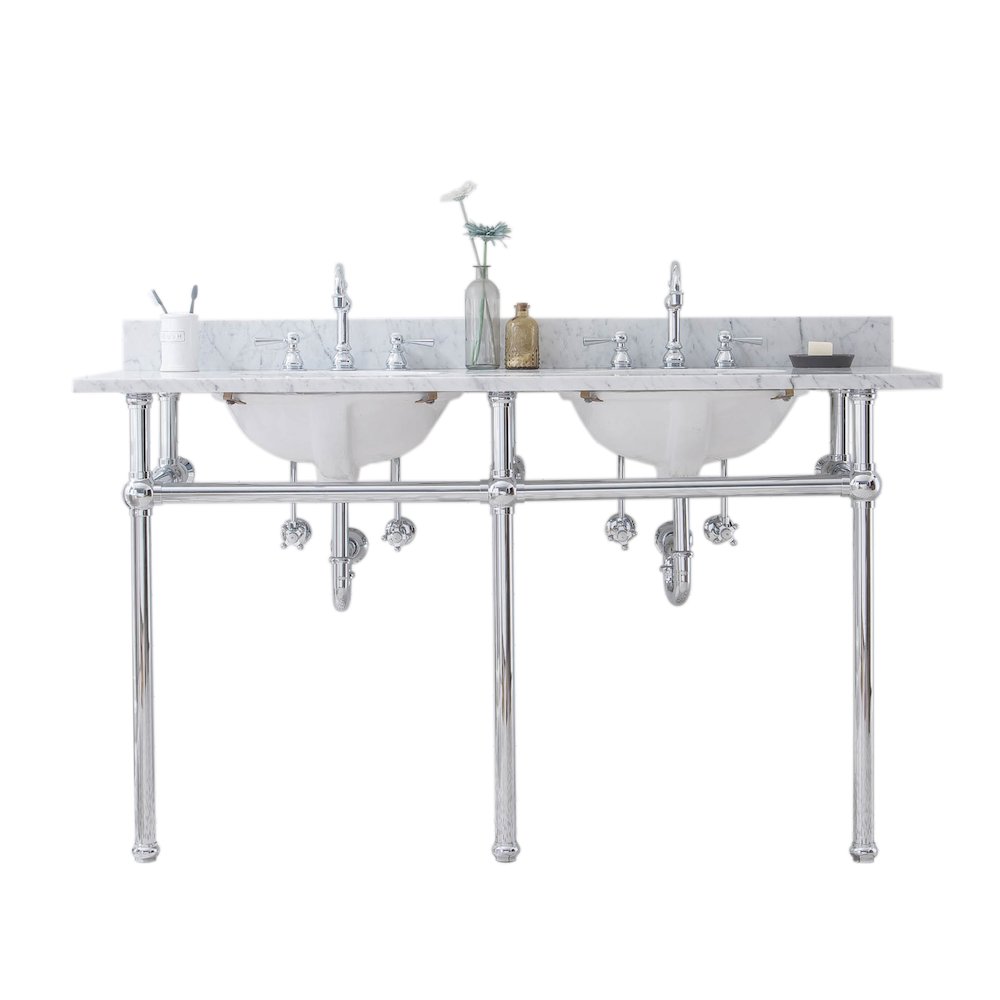 60 In. W. Double Wash Stand, P-Trap, Carrara White Marble Countertop. Picture 1